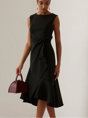 Fehaute Black Midi Dress Sleeveless Midi Ruffle Bow New Size 14